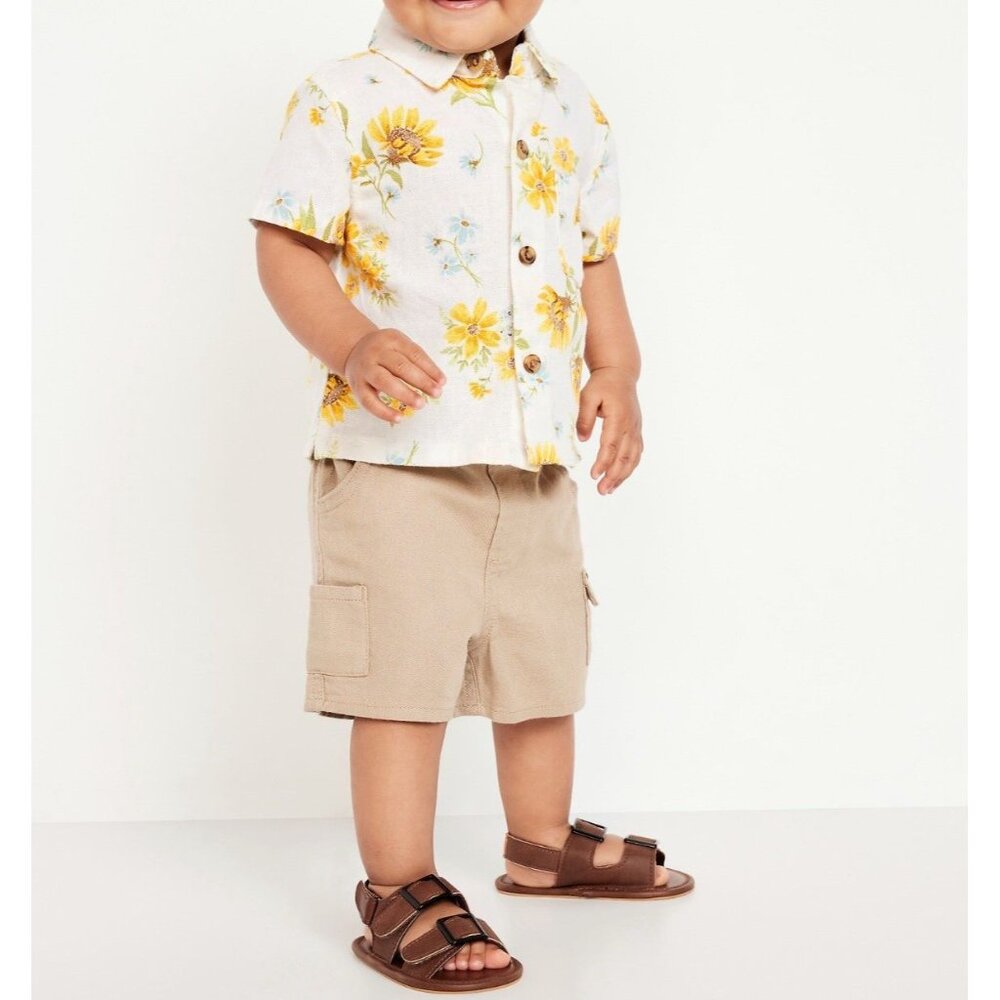 Old Navy Toddler Boys Linen Blend Shirt Short Sleeve Floral Print Sunflower 3T - Picture 2 of 7